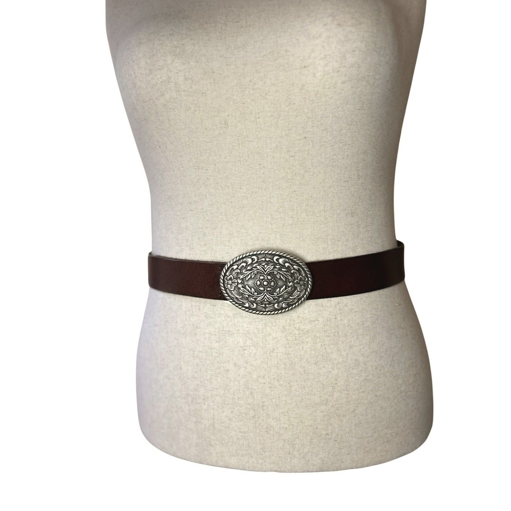 Vtg EDDIE BAUER Pewter Floral Filigree Buckle Leather Belt Western Bloom L/XL
